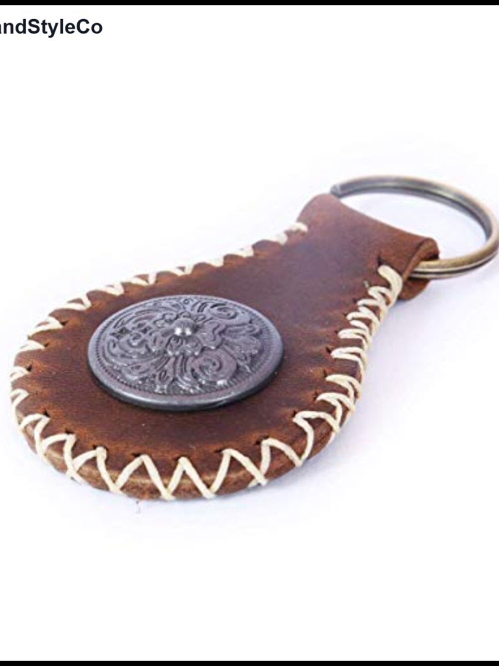 Handmade Genuine Cowhide Leather Keychain Cross Stitch Teardrop Key Fob